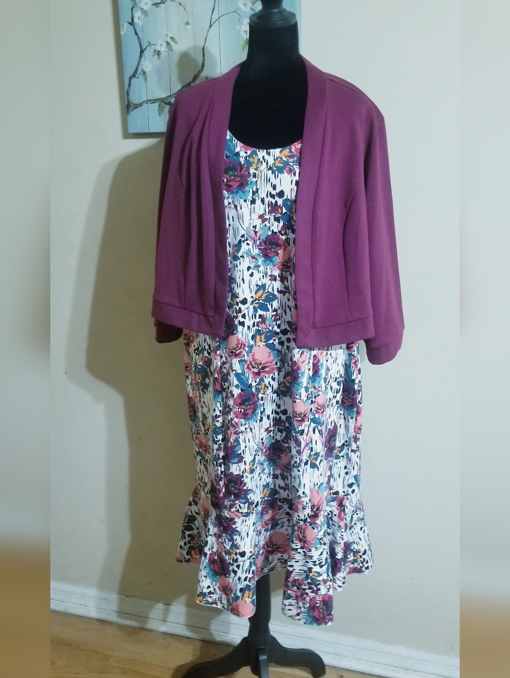 Jessica London Floral Midi Dress with Plum Cardigan - White, Pink, Plum, Teal